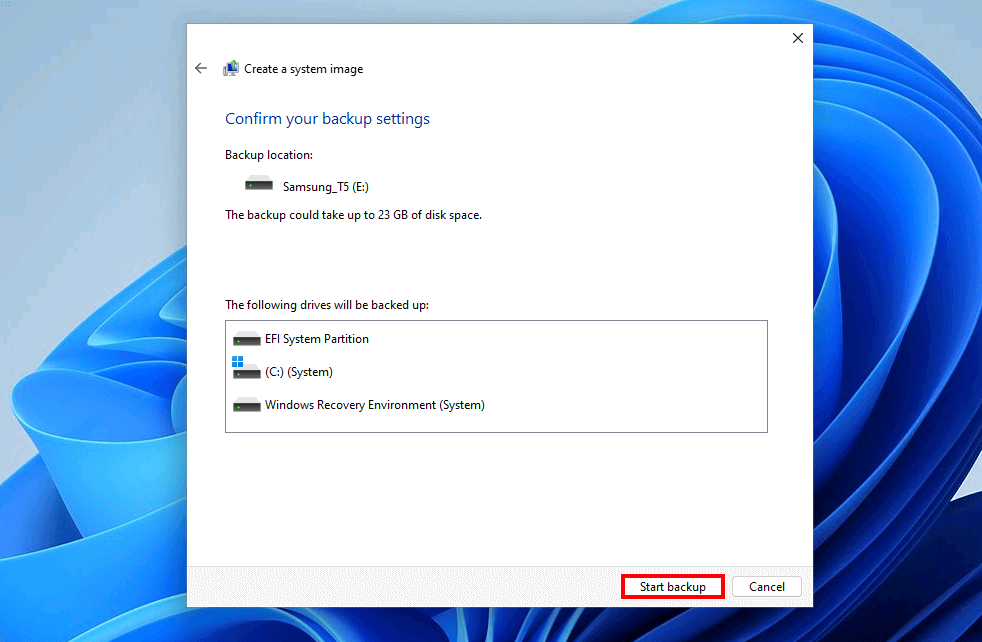 Windows 11 backup: Confirmation dialog box
