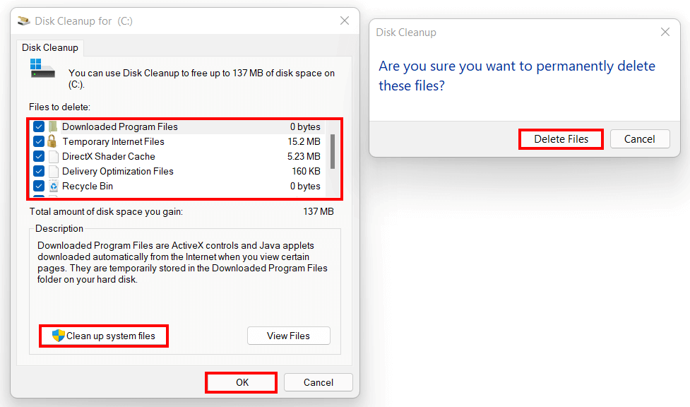 Windows 11 Disk Cleanup with selection of files to be deleted