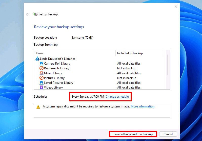 Windows 11: Review your backup settings