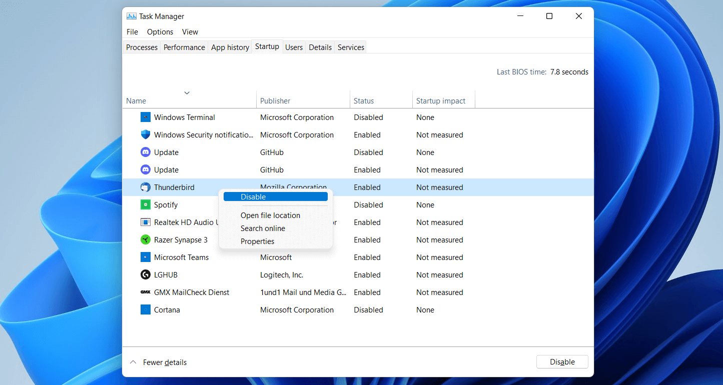 Windows 11: Startup configuration in Task Manager