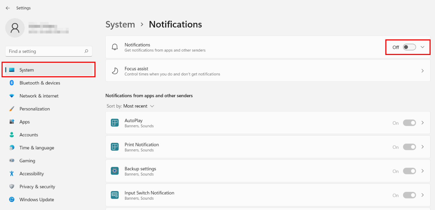 Windows 11 system settings with Notifications menu