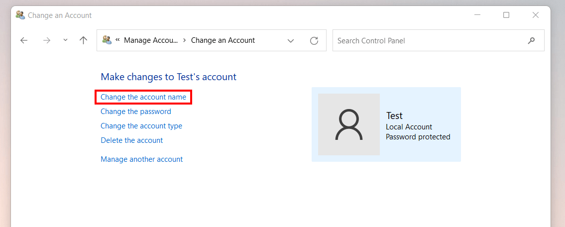 Windows 11 window “Change the account name”