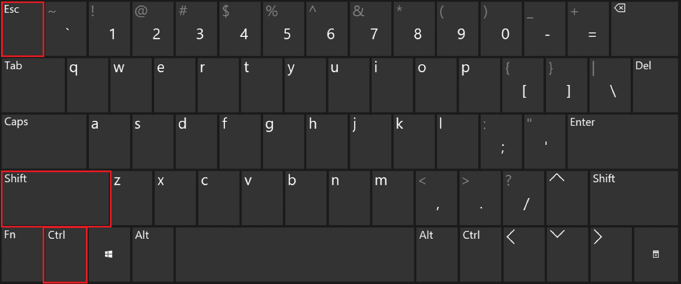 Windows shortcut for the Task Manager highlighted with a red border on the keyboard