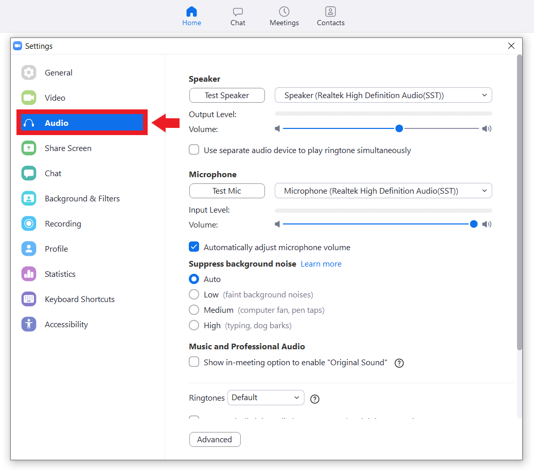 Audio settings in the Zoom menu