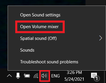 On Windows 10, right click on the speaker to open the settings and go to “Open Volume mixer”