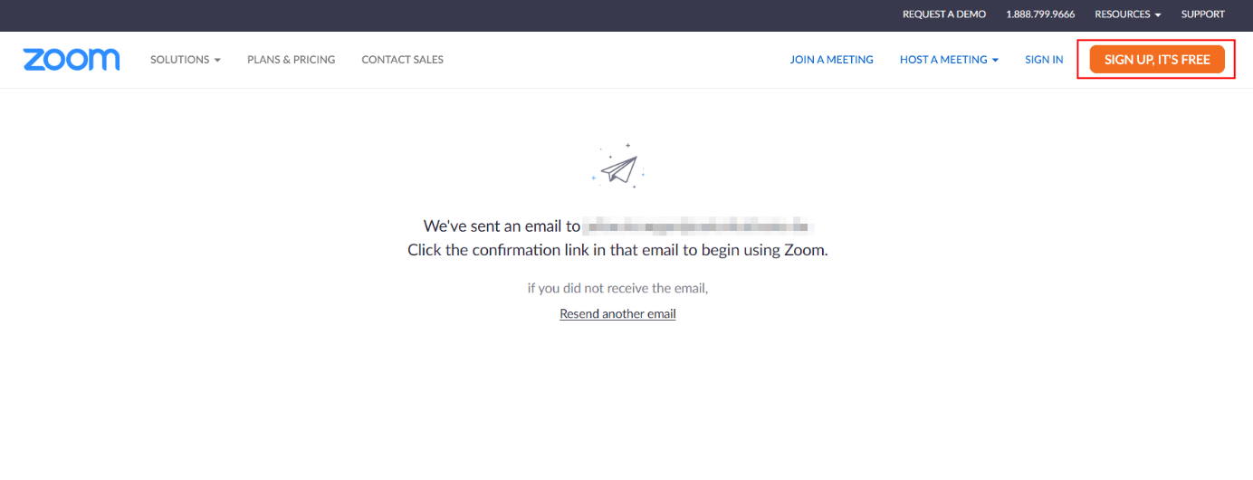 Zoom website: “Confirmation email sent” message