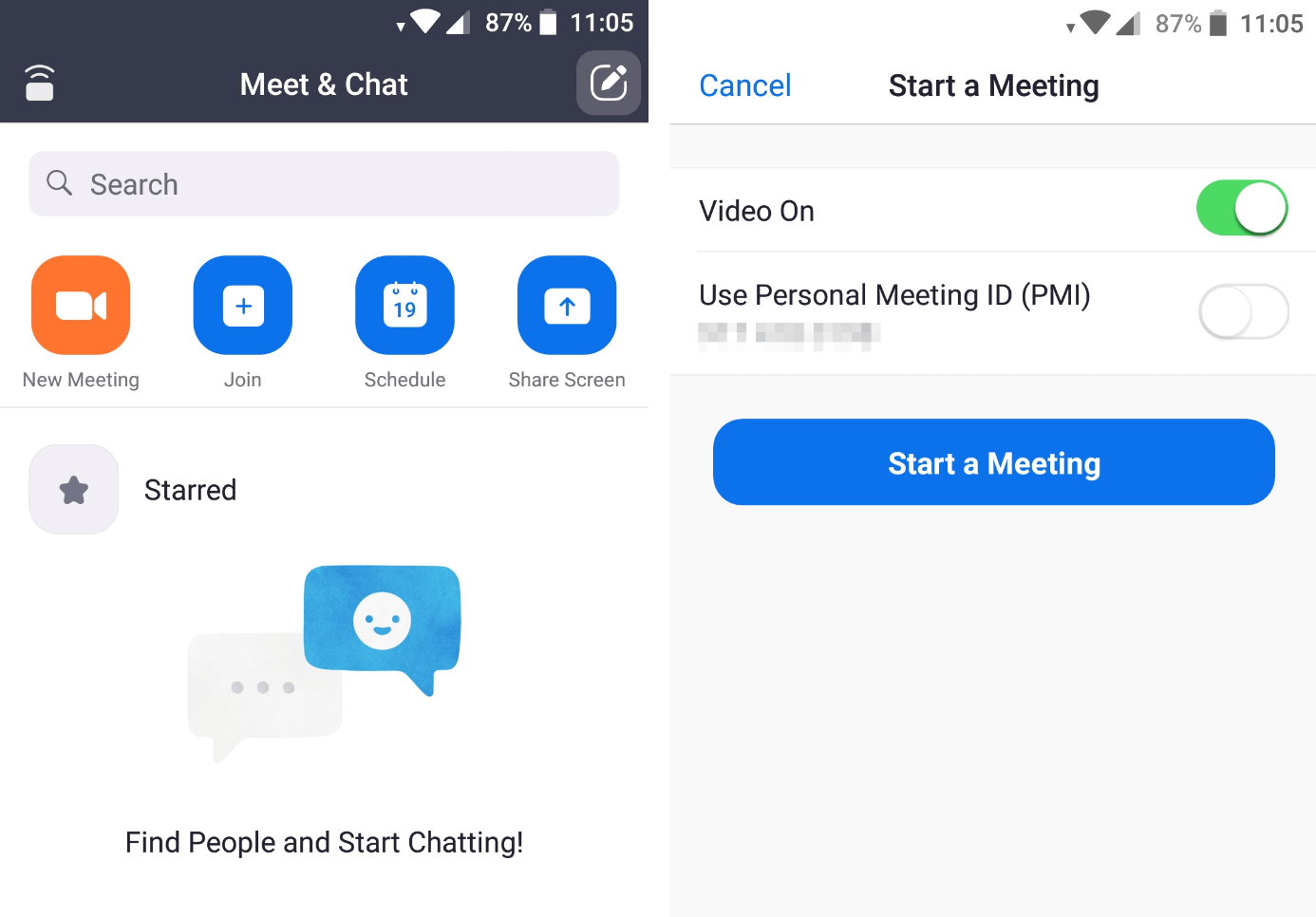 Starting a meeting in the Zoom app for Android
