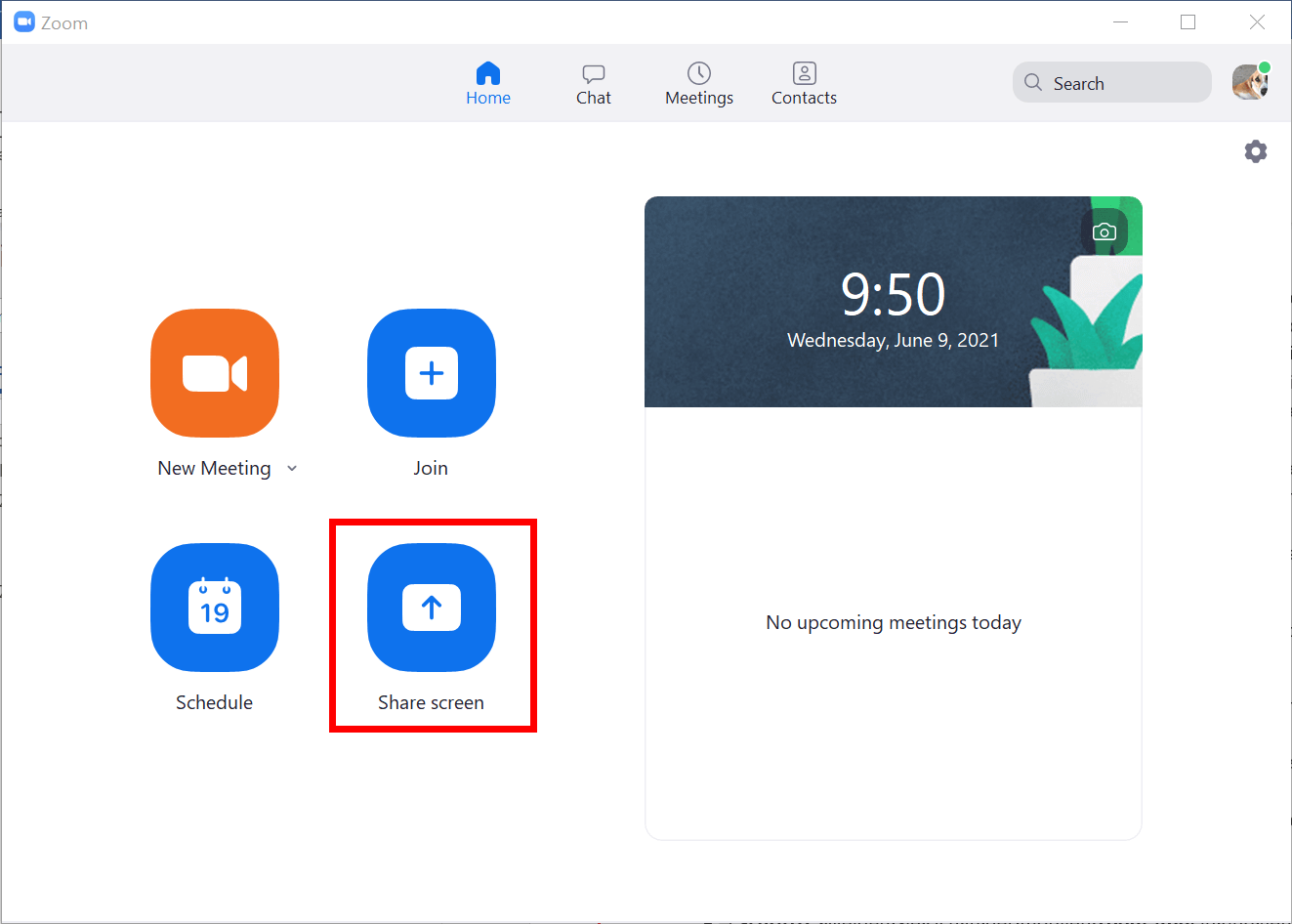 Start menu of Zoom with the sharing screen feature