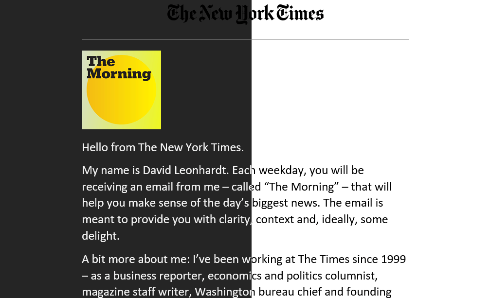 Newsletter of New York Times in dark and light mode