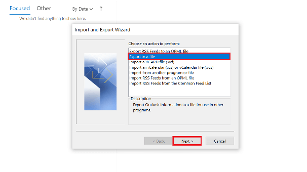Outlook Import and Export Wizard: possible actions