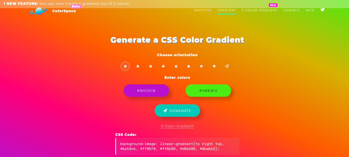 Screenshot of CSS Color Gradient Generator from ColorSpace with purple to green color gradient