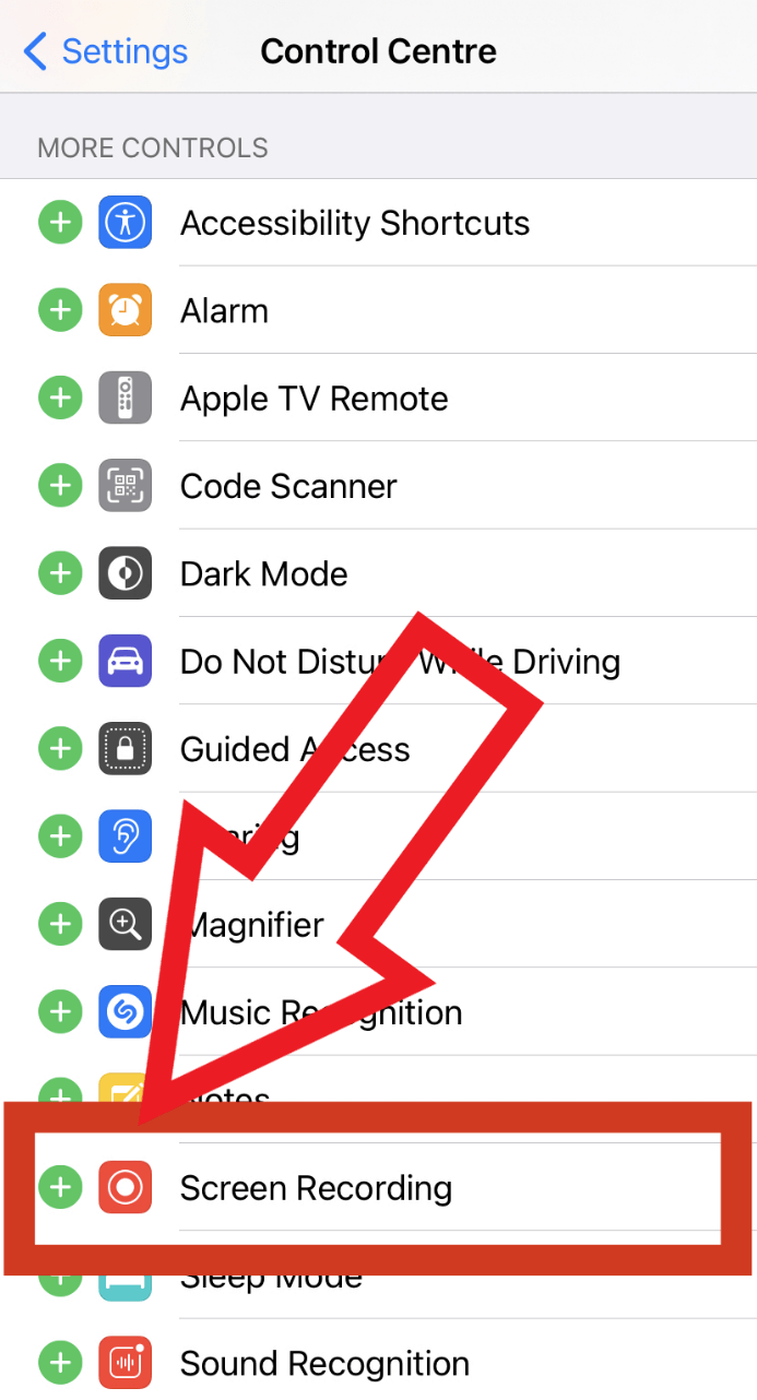 Screenshot of iPhone Control Center settings with various controls