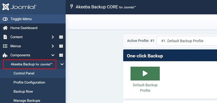 Akeeba Backup in the Joomla backend