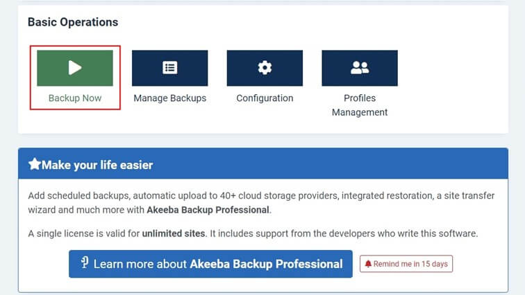 Akeeba Backup: Menu in the Joomla backend