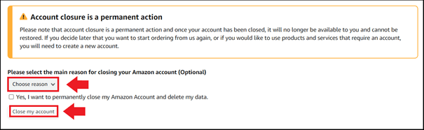 Specify a reason for the deletion and check “Close my account.”