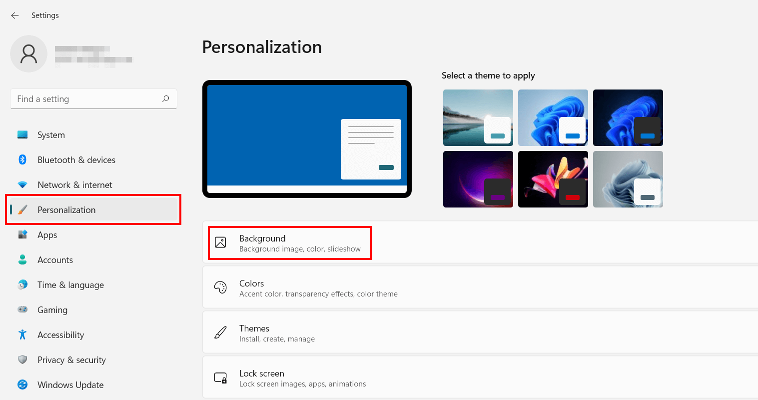 Windows 11 menu “Personalization”