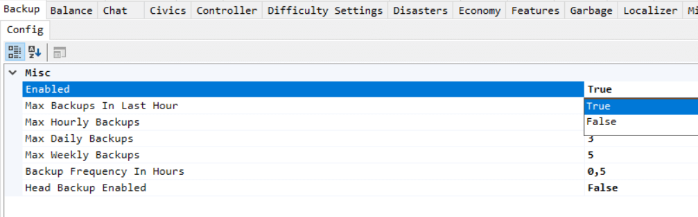 Backup settings in the Eco server tool