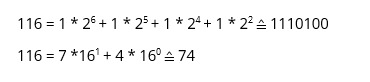 Binary and hexadecimal presentation of “t”