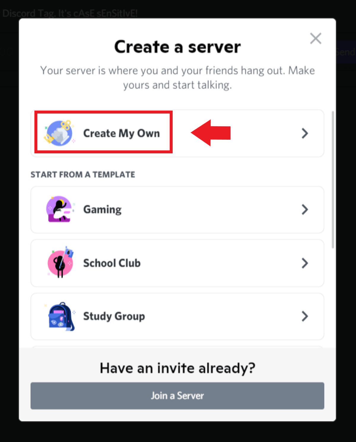 Click on “Create a server” in the window that opens