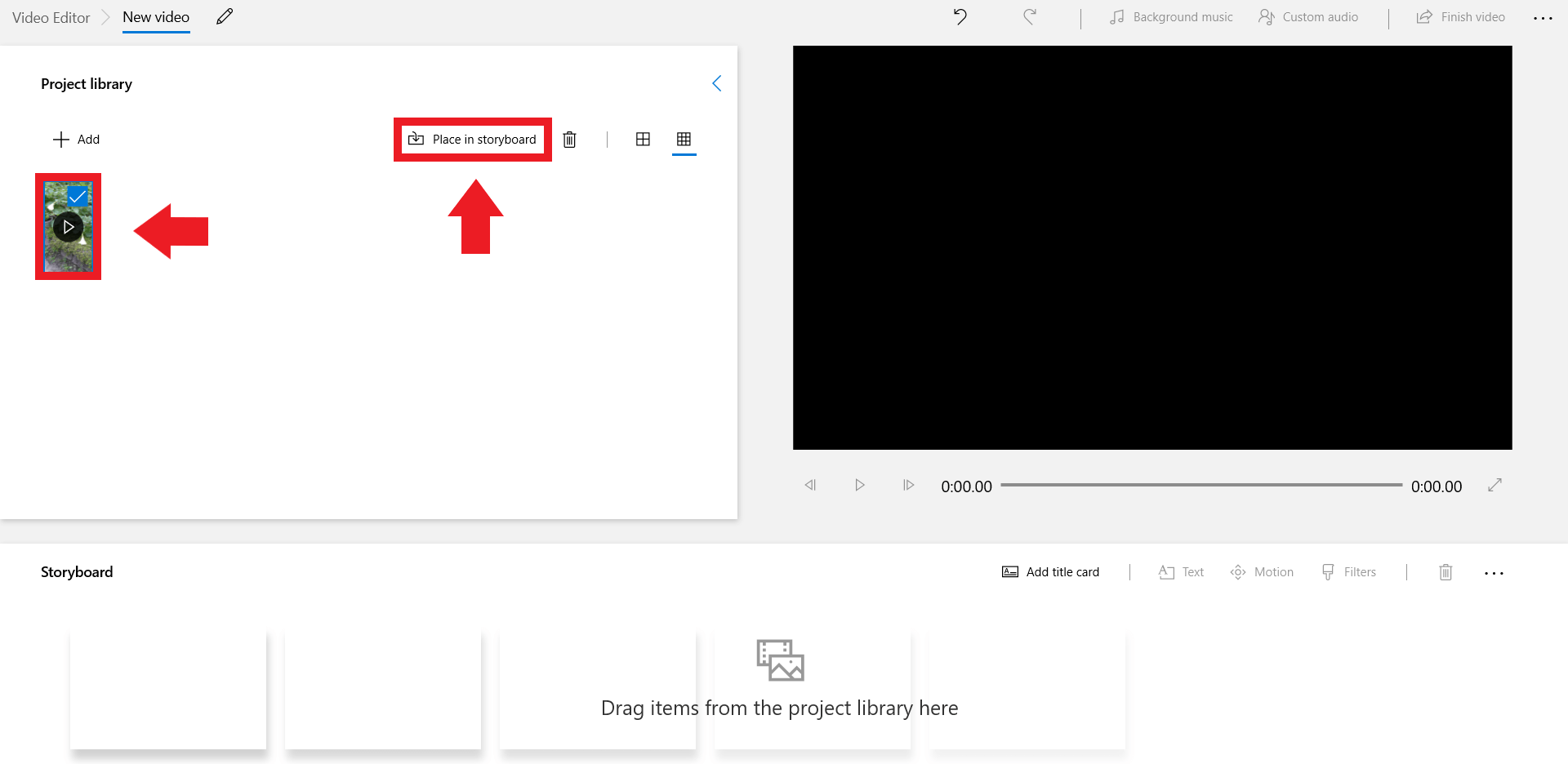 Click on the imported video and then on “Place in storyboard”