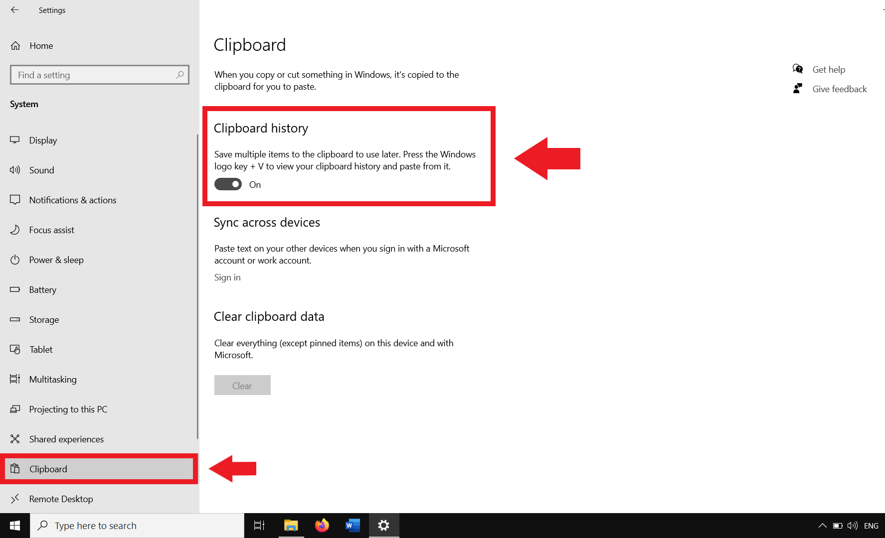 Clipboard in Windows settings with the “Clipboard history”