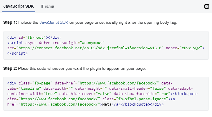 Code snippet of Facebook Developer page for embedding