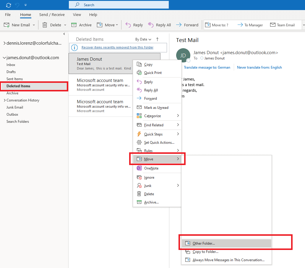 Context menu of an email in the folder “Deleted items”