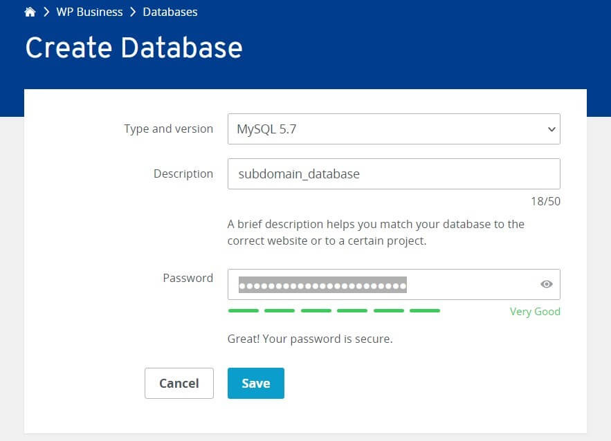 Creating database in IONOS Cloud Panel