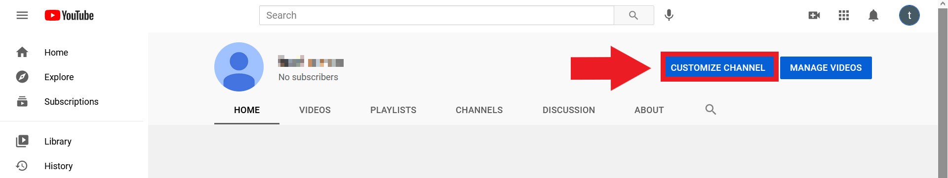 “Customize Channel” button in YouTube channel menu