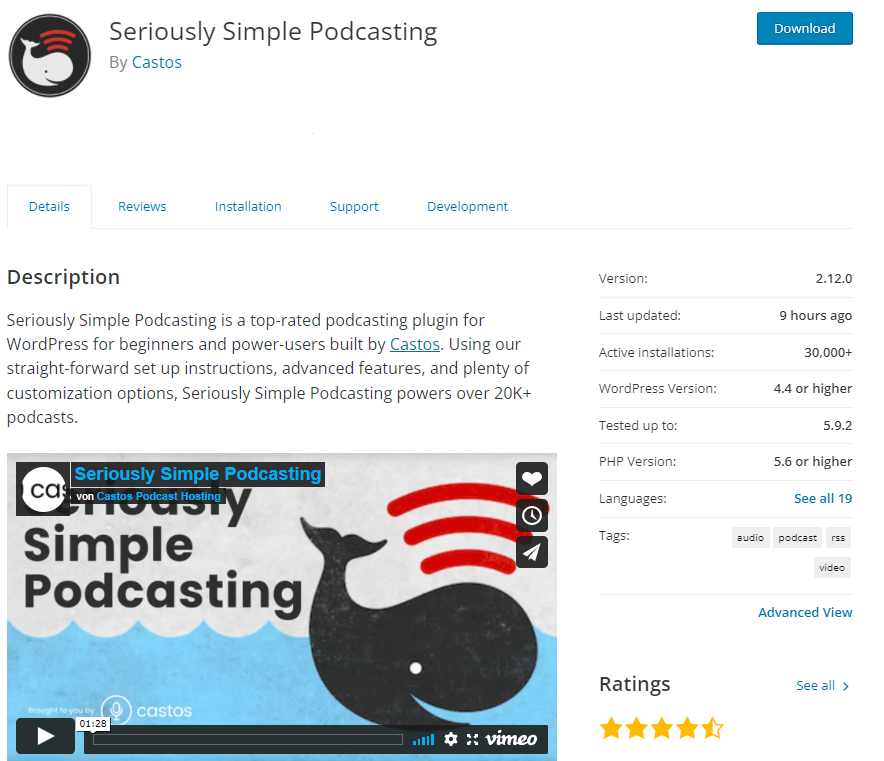 Description of the Seriously Simple Podcasting plugin on WordPress