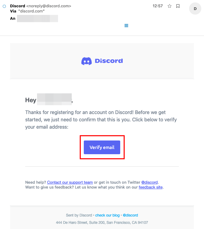 Verification email for Discord signup