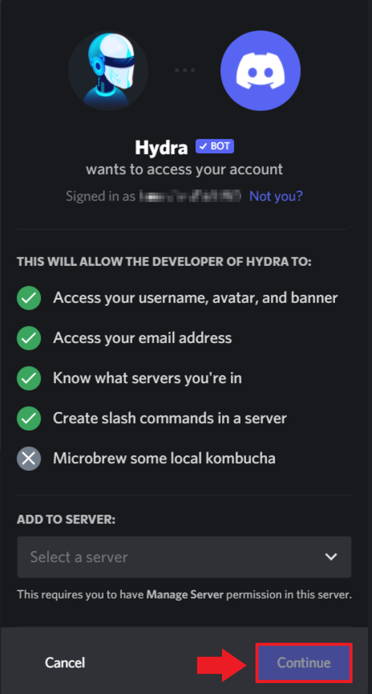 Select the relevant server and then click “Continue”