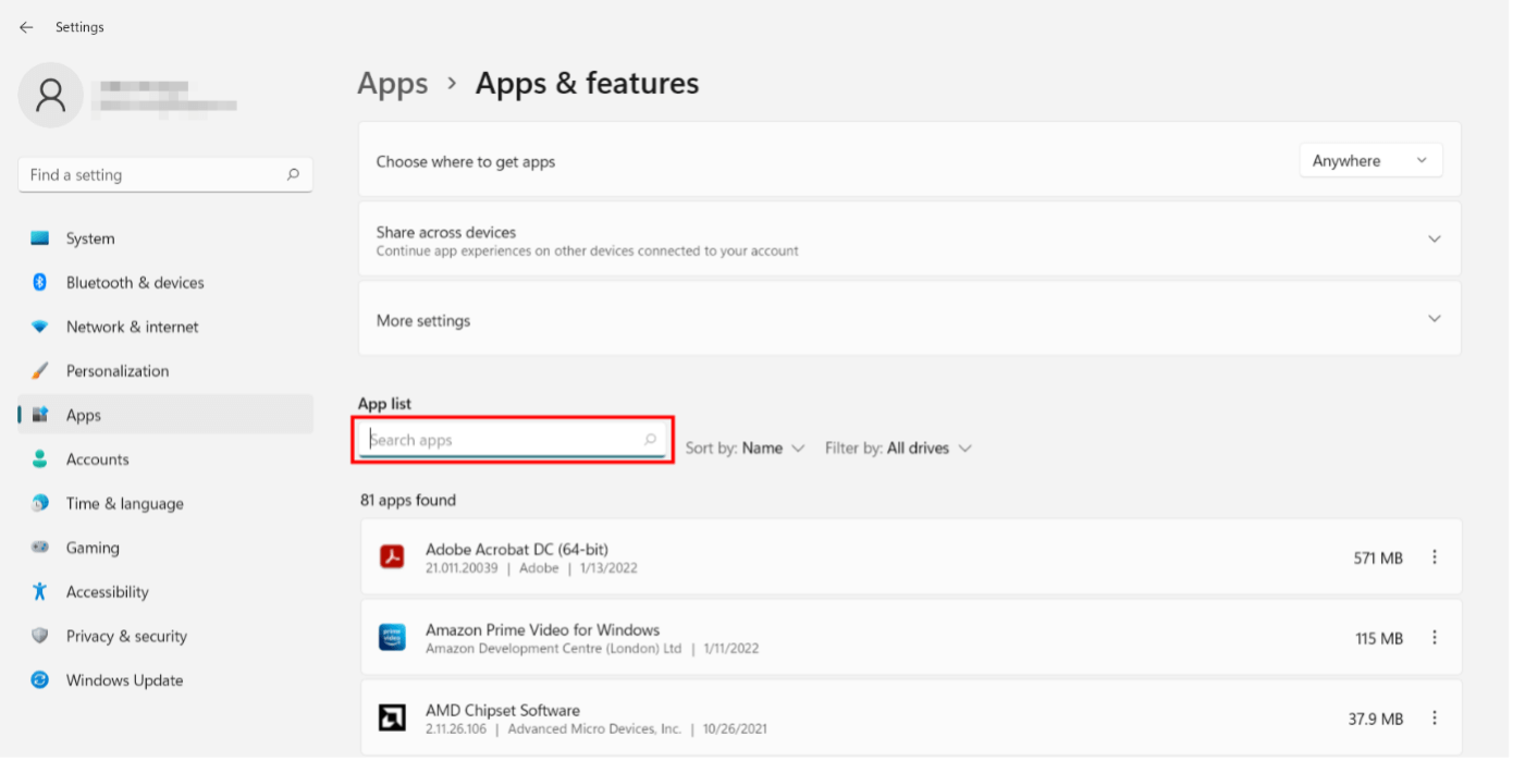 Search Microsoft Edge in apps