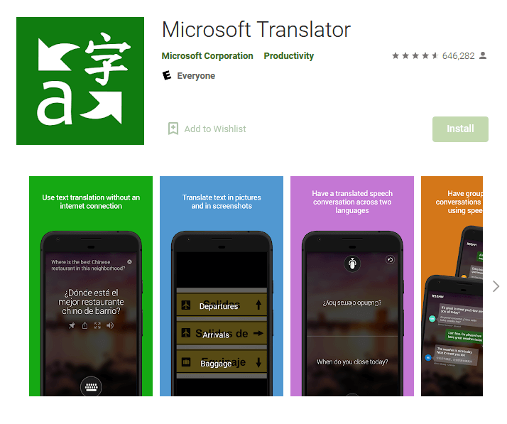 Microsoft Translator in Google Play Store