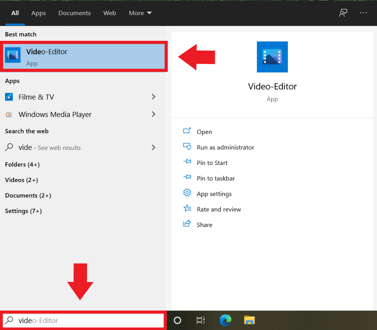Enter “Video Editor” in the Windows search bar