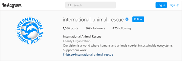 Example of an Instagram bio: International Animal Rescue