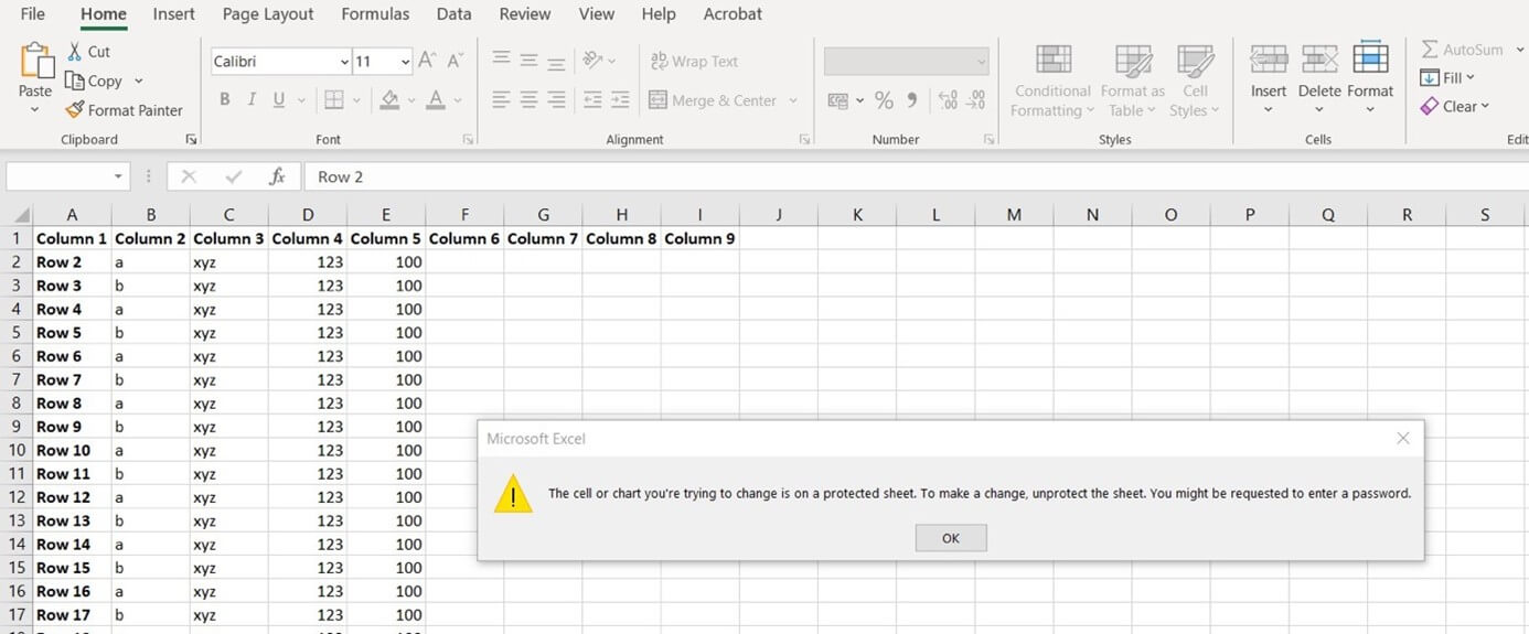 Message that an Excel sheet or workbook has been protected