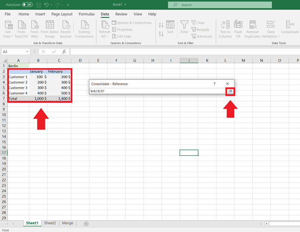 Screenshot of selecting the data and clicking on the arrow in Consolidate - Reference.