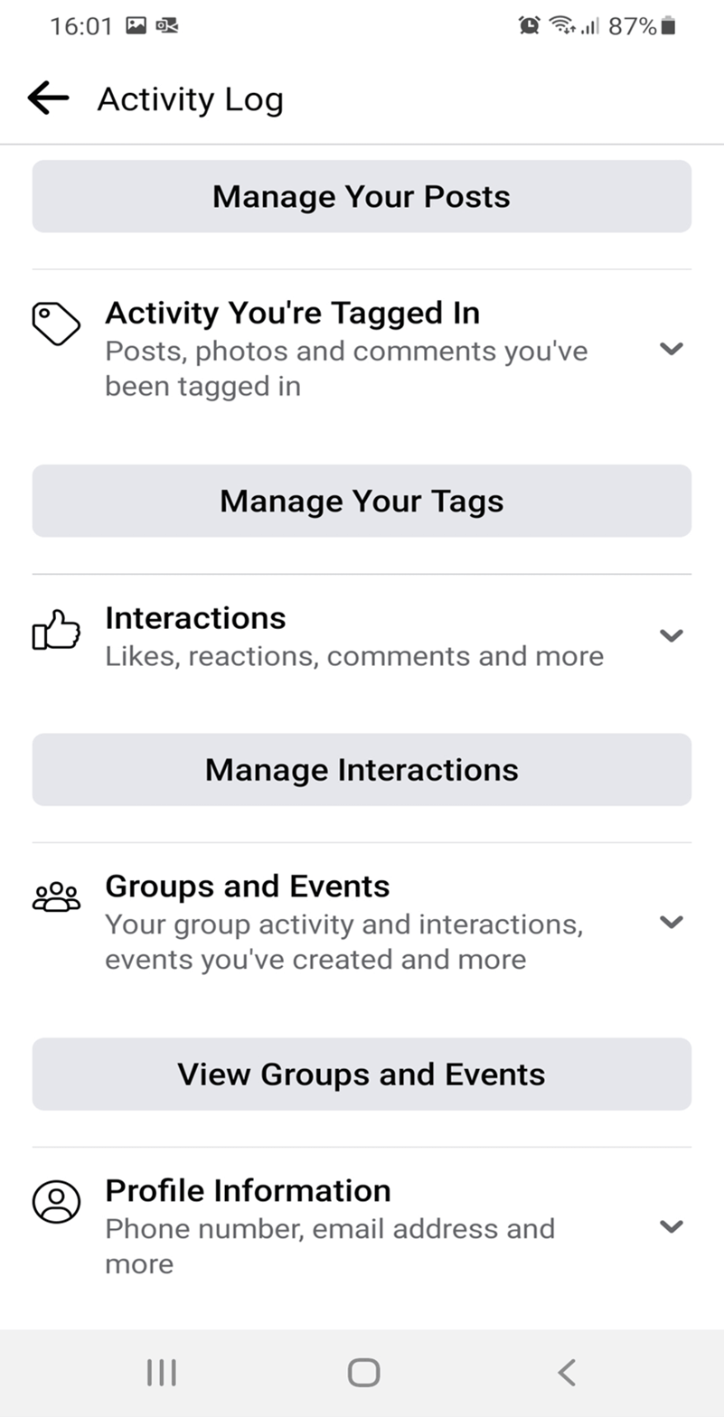 Facebook app activity log