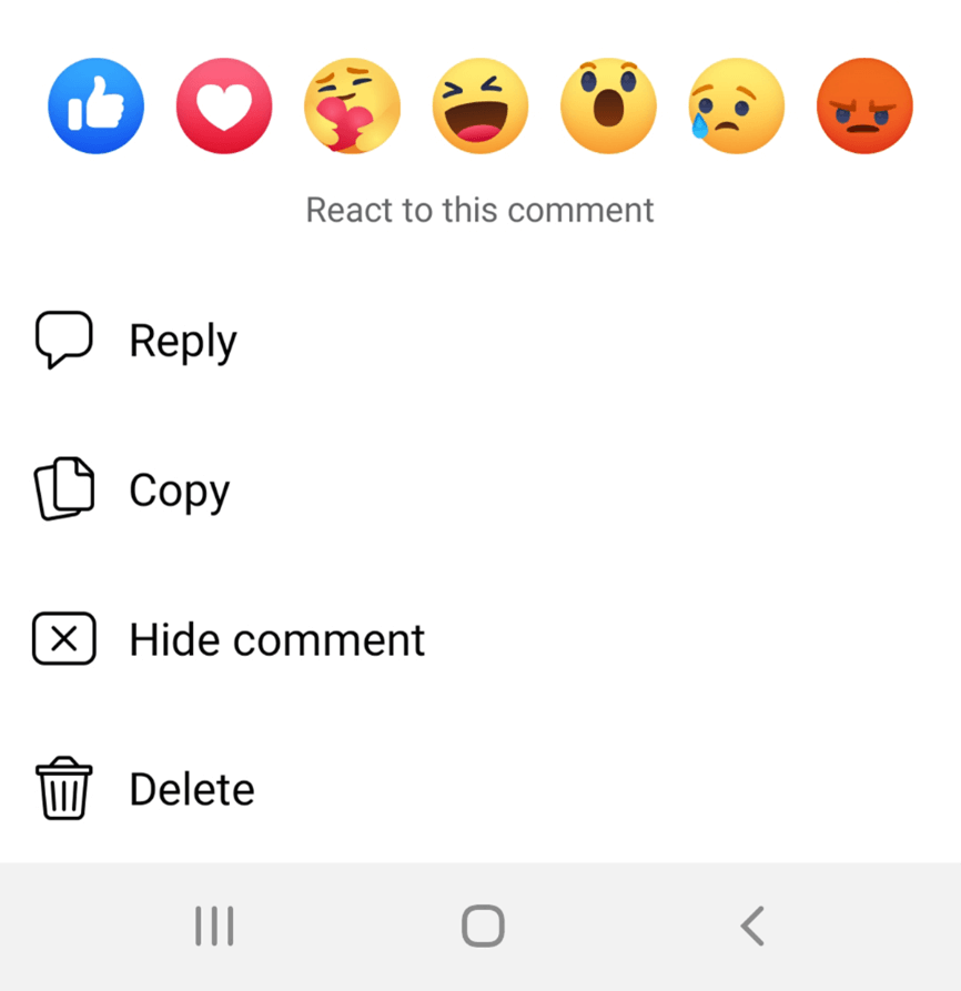 Facebook app: comment context menu