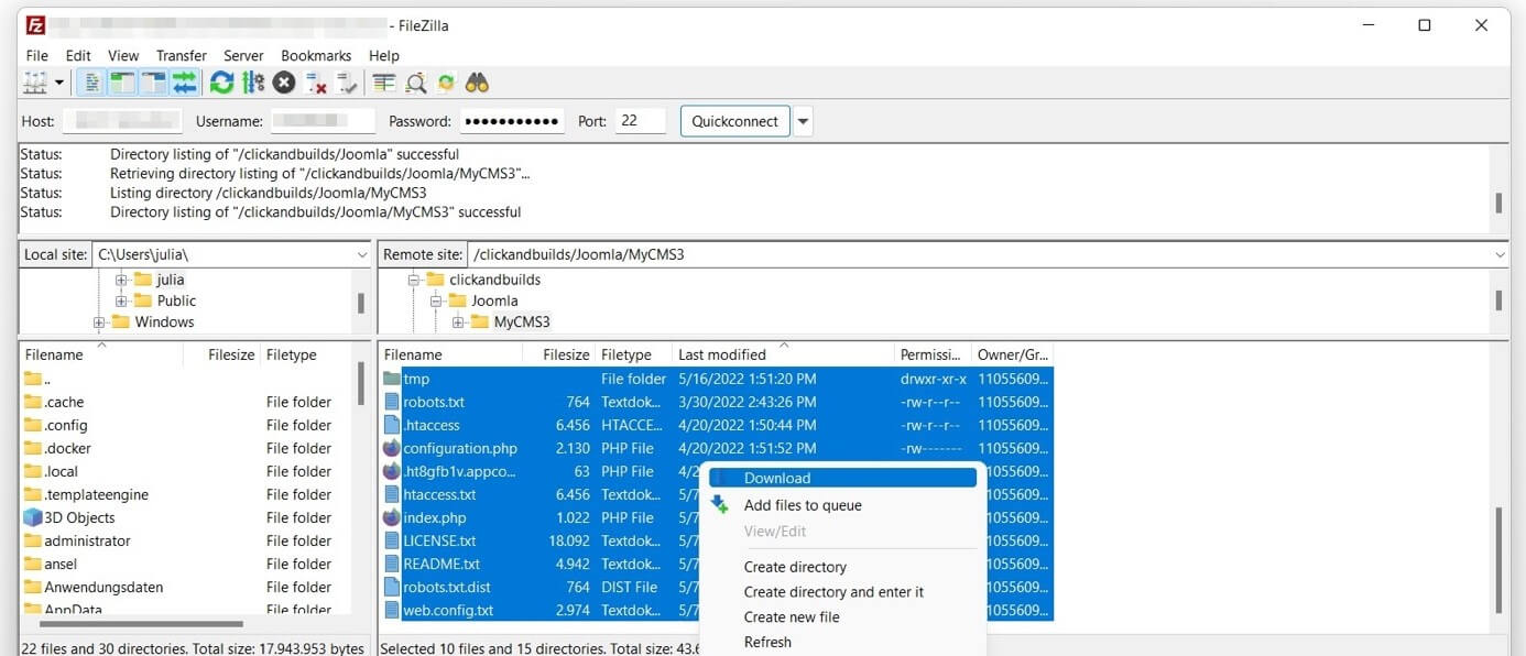 FileZilla: Joomla backup (online storage)