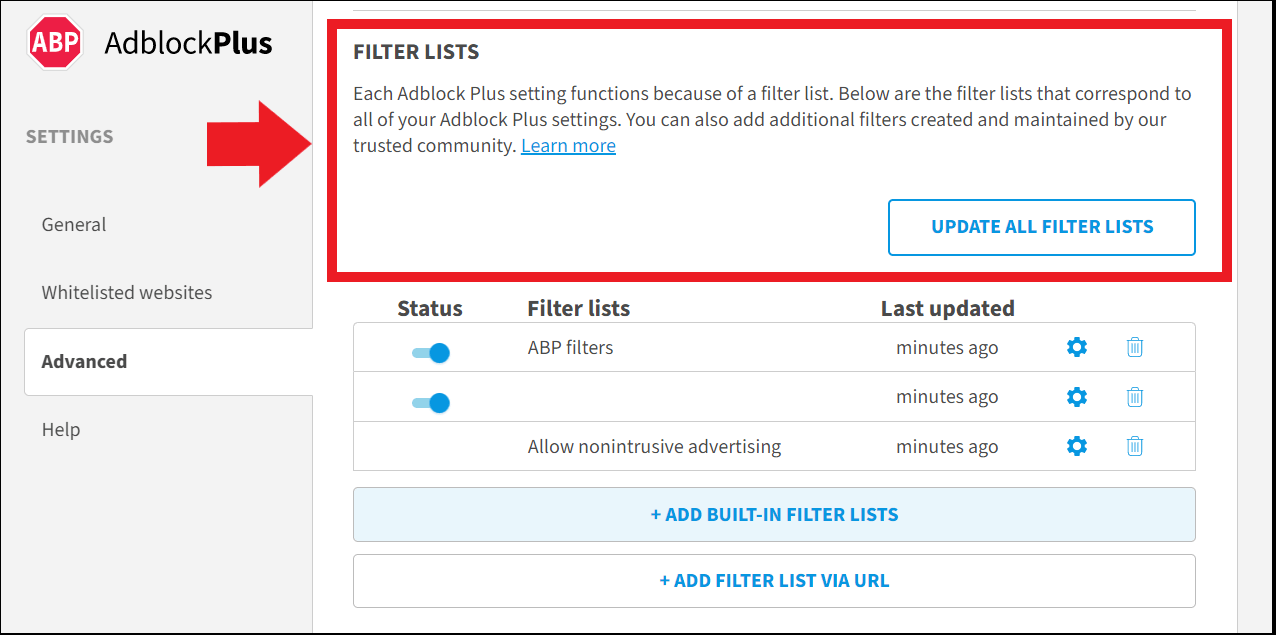 Filter lists for blocked ads in Adblock Plus