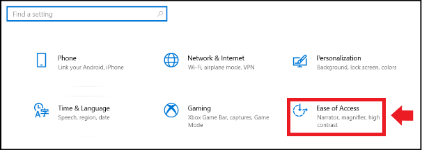 Windows 10 menu “Ease of Access” in Windows settings page