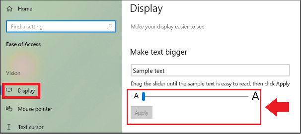 Text magnification slider in Windows 10 display menu