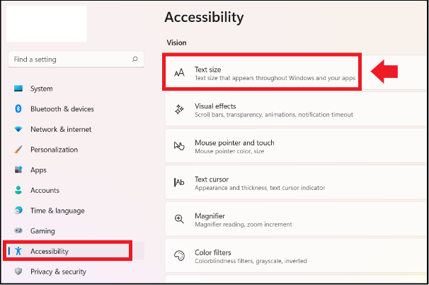 Windows 11: "Accessibility" menu to adjust the text size