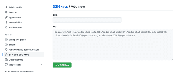 GitHub settings to add an SSH key