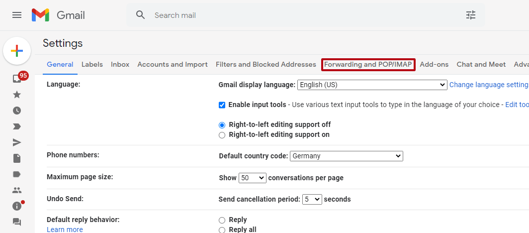 Gmail client: “Forwarding and POP/IMAP” tab under “Settings”