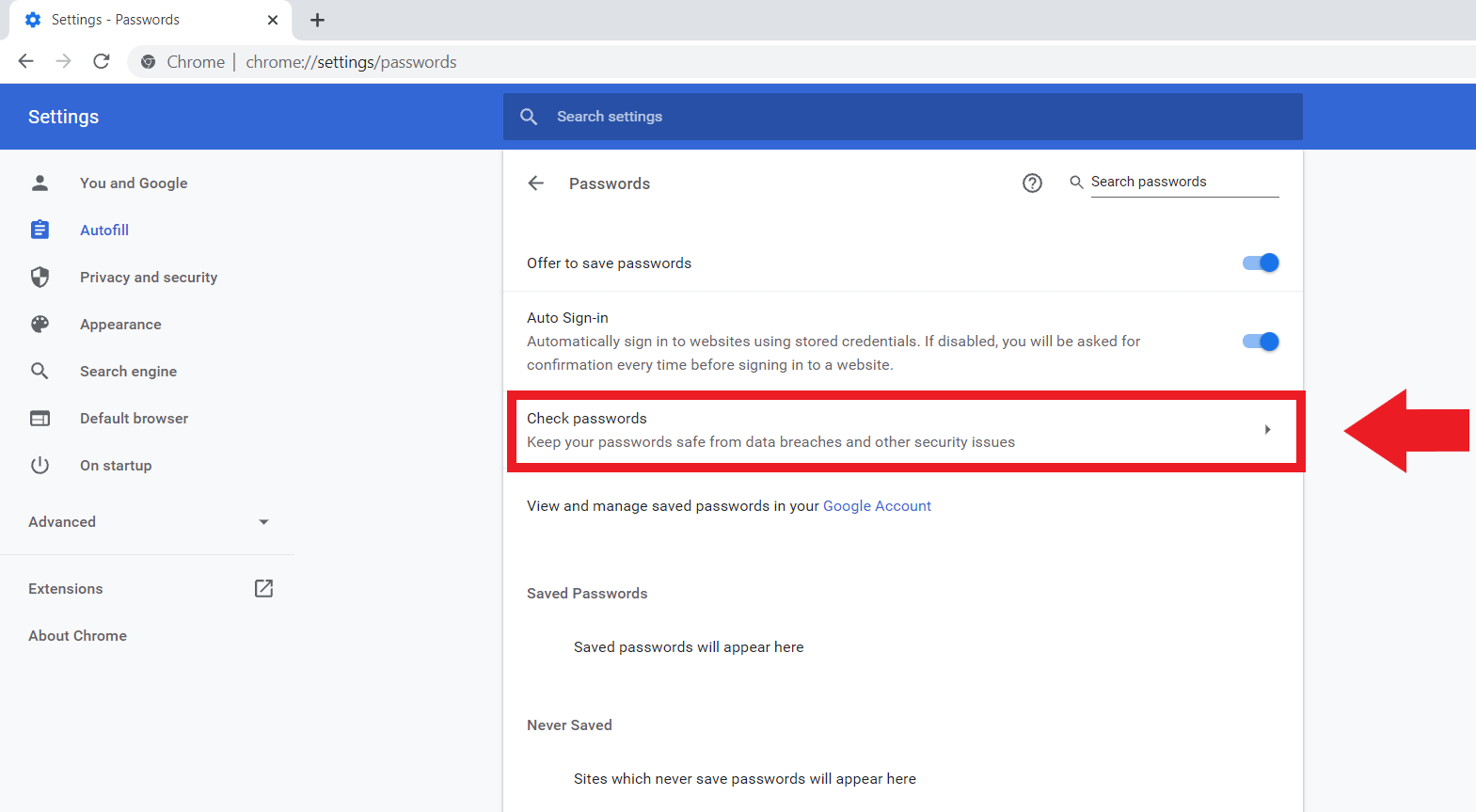 Google Chrome: “Passwords” menu, “Check passwords” function