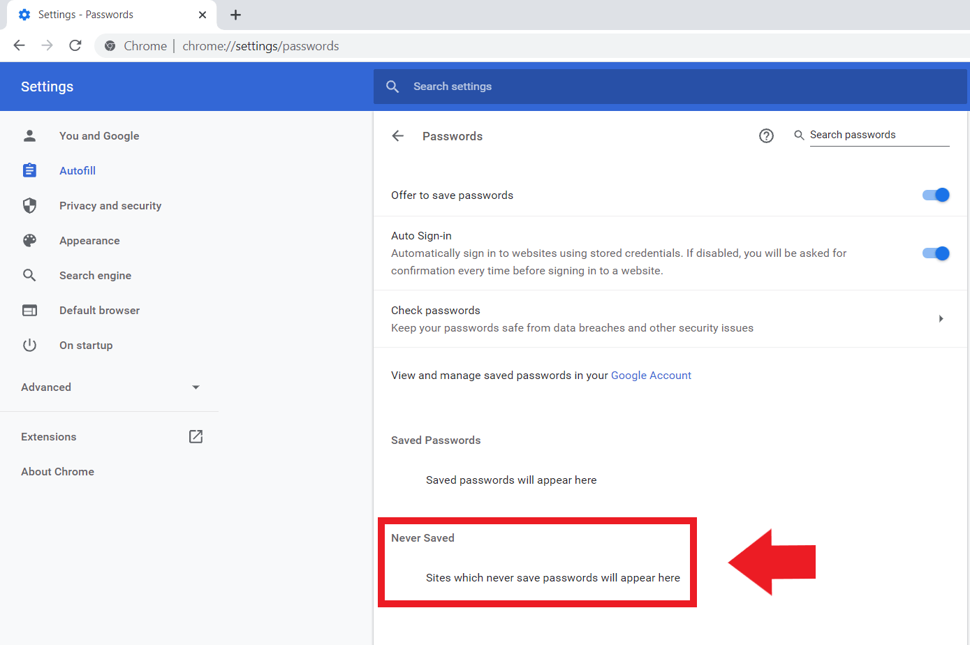 Google Chrome: “Passwords” menu, “Never Saved” option