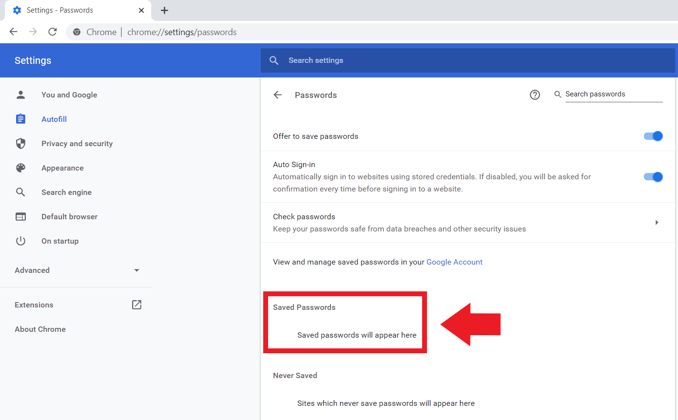 Google Chrome: “Passwords” menu, “Saved Passwords” entry